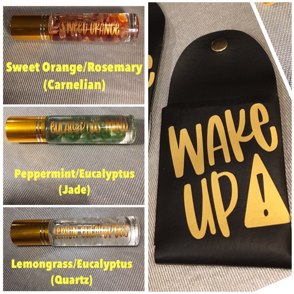 Wake up 3 pack of Essential oil blends with energy charged crystals and case